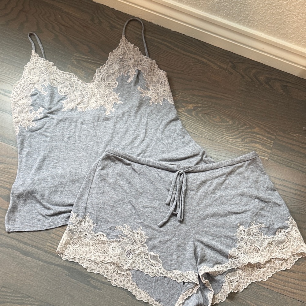 Natori Gray and Cream Lace Pajama Set